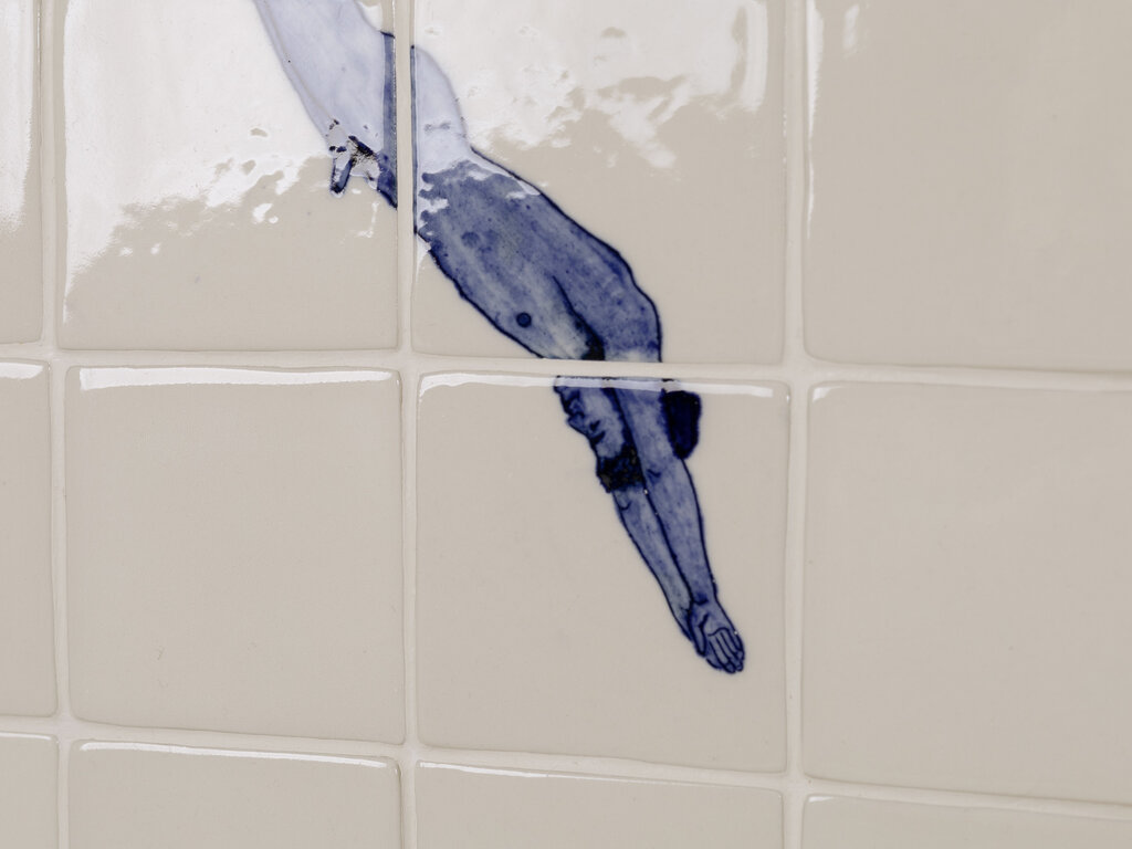 Renaud Sauvé Porcelain Tile with Diver, Walnut Frame