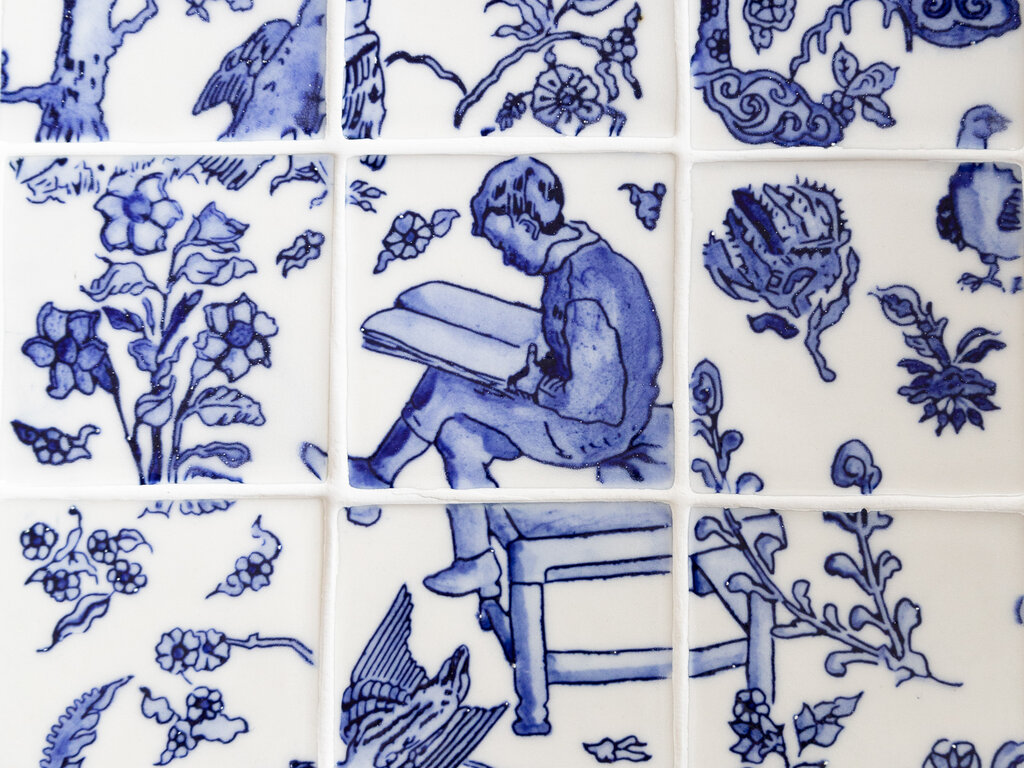 Renaud Sauvé Walnut Washstand with Porcelain Tile Inlay