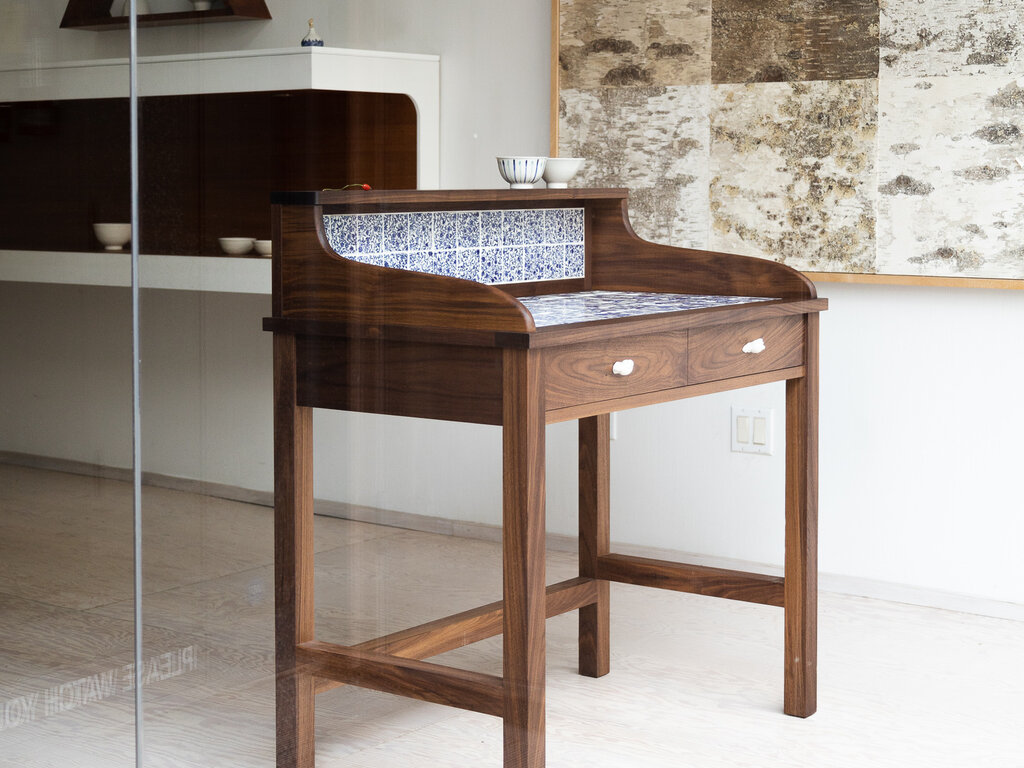 Renaud Sauvé Walnut Washstand with Porcelain Tile Inlay