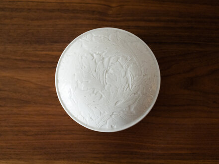 Renaud Sauvé Porcelain Box w/ Carved Leaves Lid Renaud Sauvé Porcelain Box w/ Carved Leaves Lid