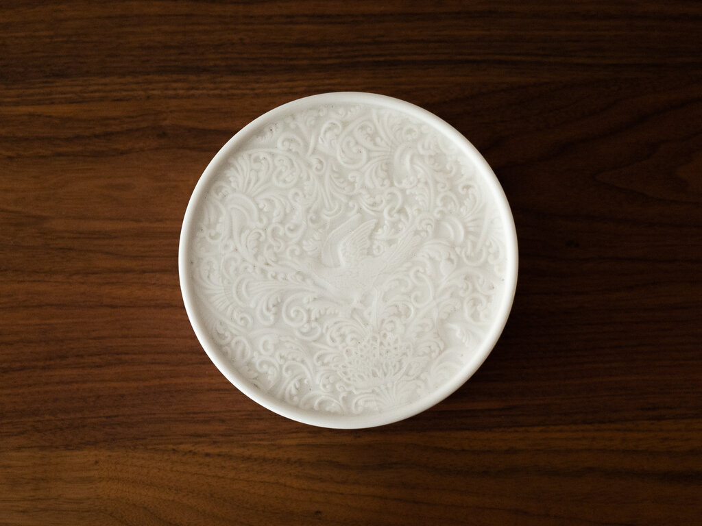 Renaud Sauvé Porcelain Box w/ Carved Birds and Interlaced Plants