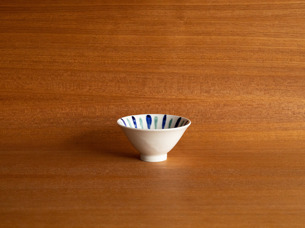 Renaud Sauvé Porcelain Bowl With Blue and Green Slip Painted Stripes No. 13