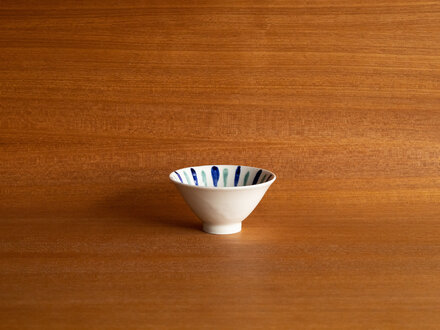 Renaud Sauvé Porcelain Bowl With Blue and Green Slip Painted Stripes No. 13 Renaud Sauvé Porcelain Bowl With Blue and Green Slip Painted Stripes No. 13