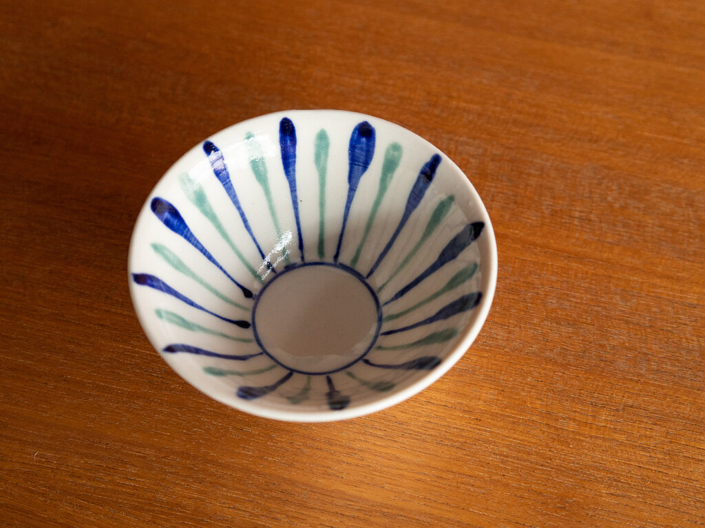 Renaud Sauvé Porcelain Bowl With Blue and Green Slip Painted Stripes No. 13