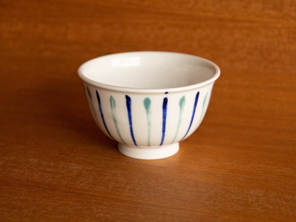Renaud Sauvé Porcelain Bowl With Blue and Green Slip Painted Stripes No. 14