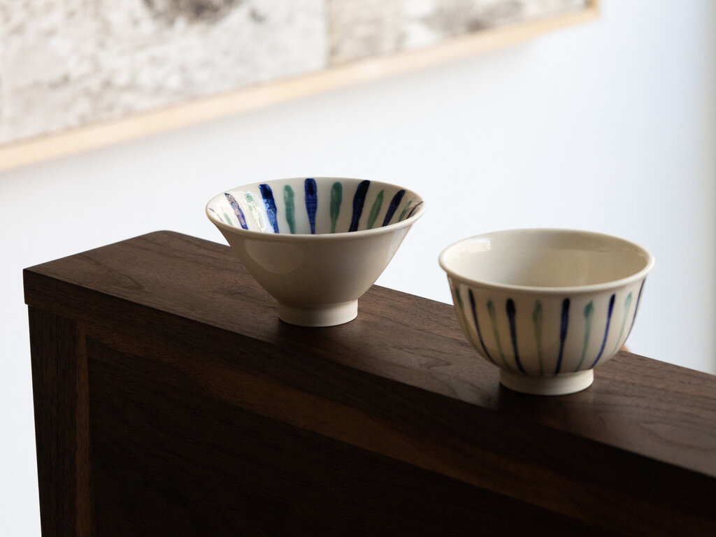 Renaud Sauvé Porcelain Bowl With Blue and Green Slip Painted Stripes No. 13