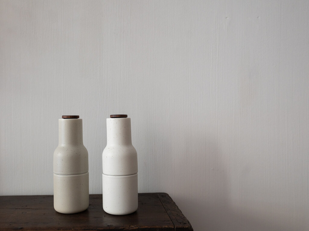Audo Norm at Mjölk: Audo Ceramic and Walnut Bottle Grinders (Set of 2)