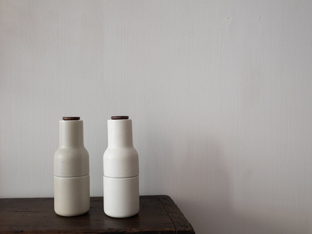 Norm at Mjölk: Audo Ceramic and Walnut Bottle Grinders (Set of 2)