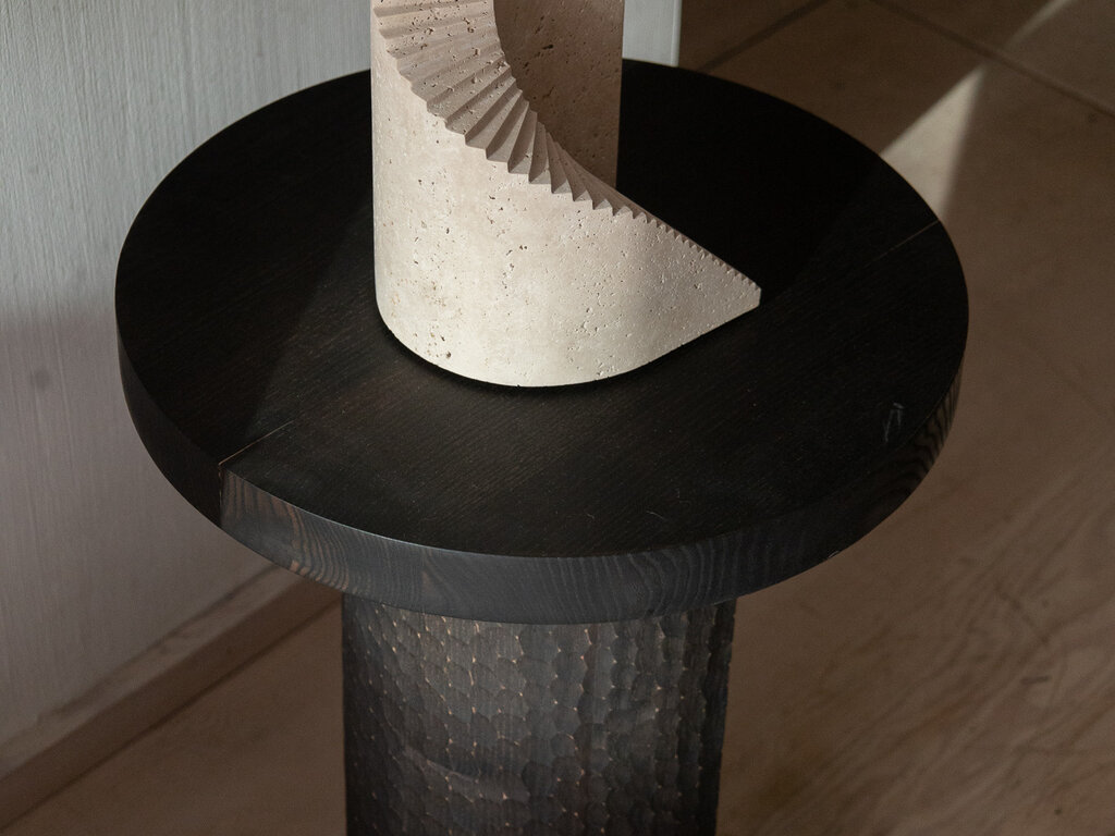 Norm at Mjölk: Origin Made Spiral Sculpture Roman Travertine