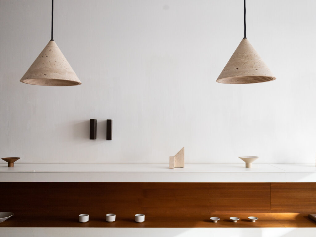 Origin Made Norm at Mjölk: Origin Made Ark Lamp in Travertine Stone