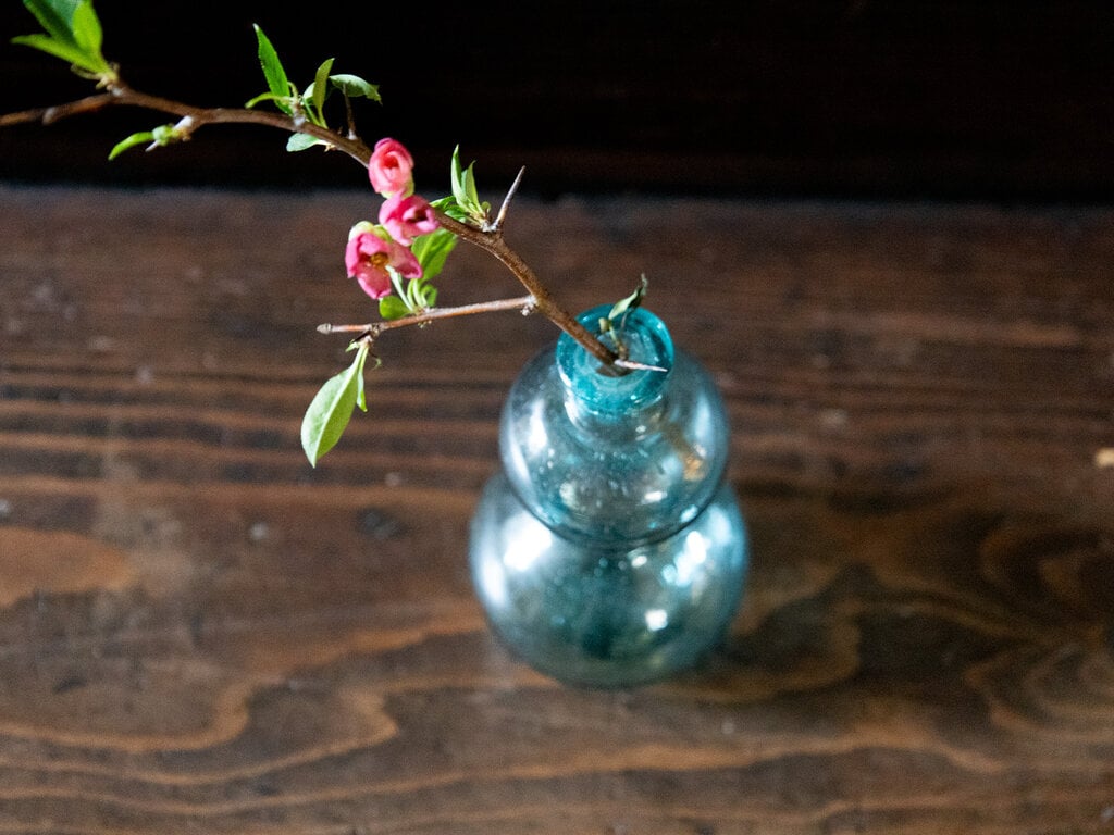 Antique Japanese blue green glass bottle in calabash shape