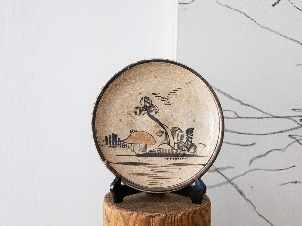 Antique Seto ware plate with scenic landscape and house painting