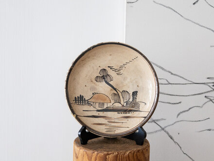 Antique Edo Period Setoware Plate with Landscape Painting