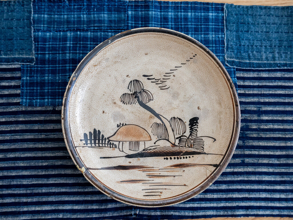 Antique Edo Period Setoware Plate with Landscape Painting