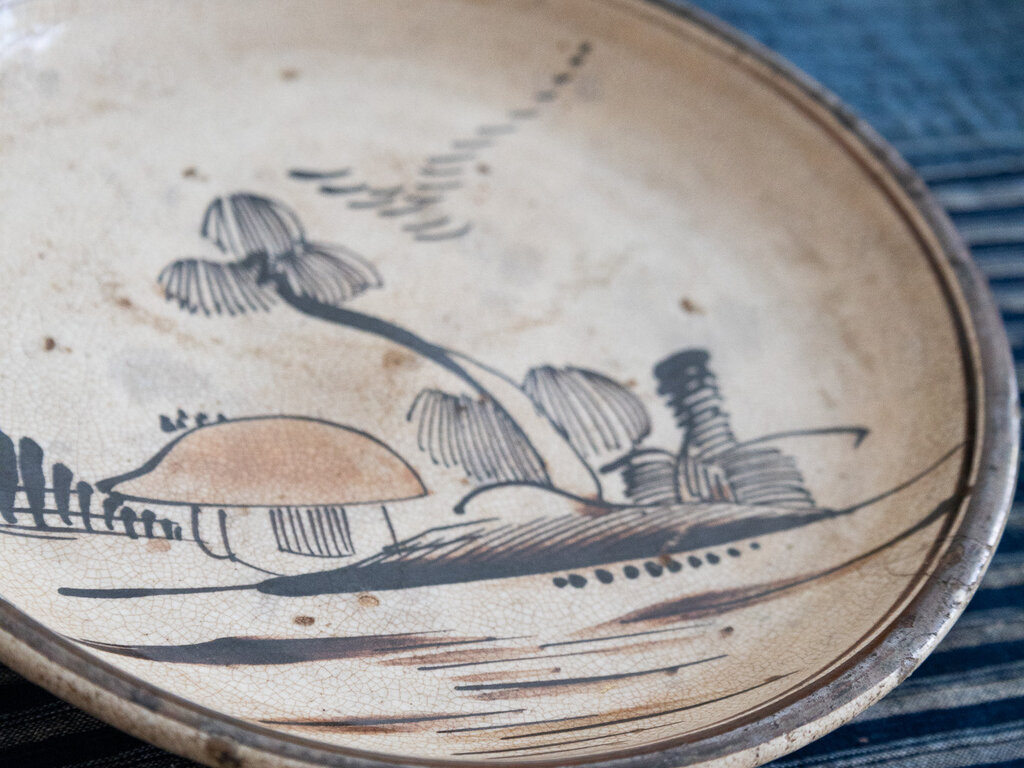 Antique Seto ware plate with scenic landscape and house painting