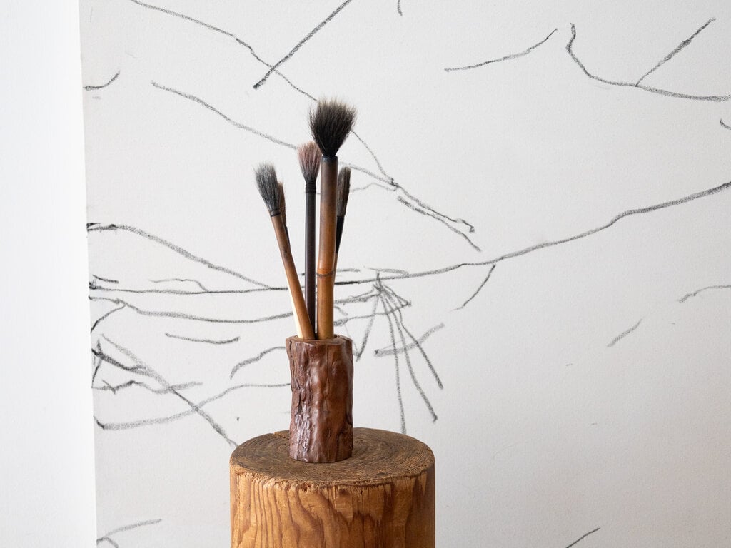 Antique natural wood brush pot