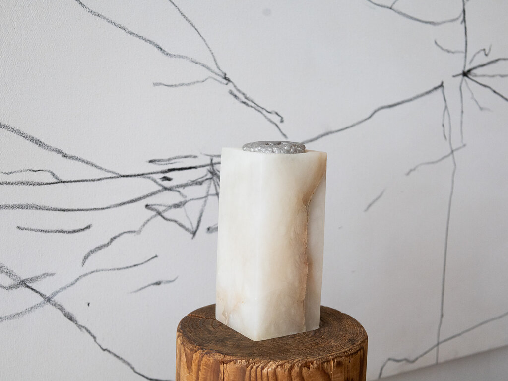 Elizabeth Lenny Pewter Cast Adder Stone with Carved Alabaster Vessel