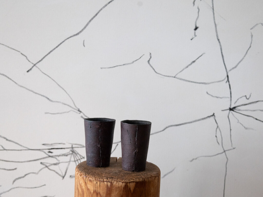 Jiro Yoshida Pair of tall ceramic cups, burnt red clay by Jiro Yoshida