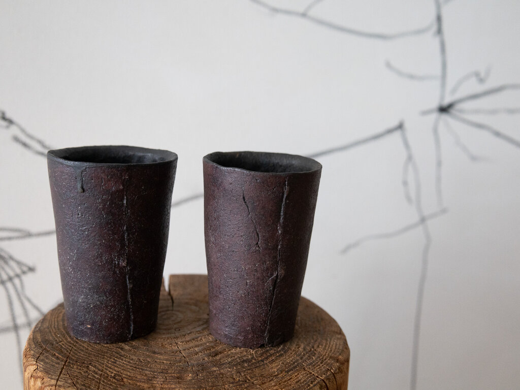 Jiro Yoshida Pair of tall ceramic cups, burnt red clay by Jiro Yoshida
