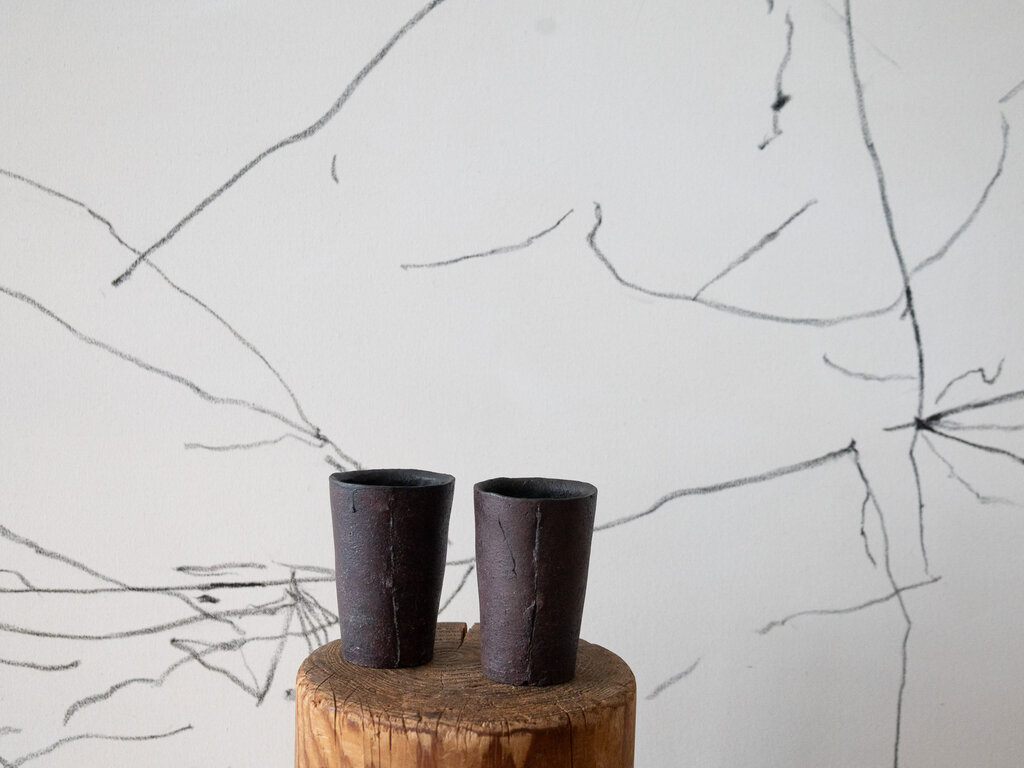 Jiro Yoshida Pair of tall ceramic cups, burnt red clay by Jiro Yoshida