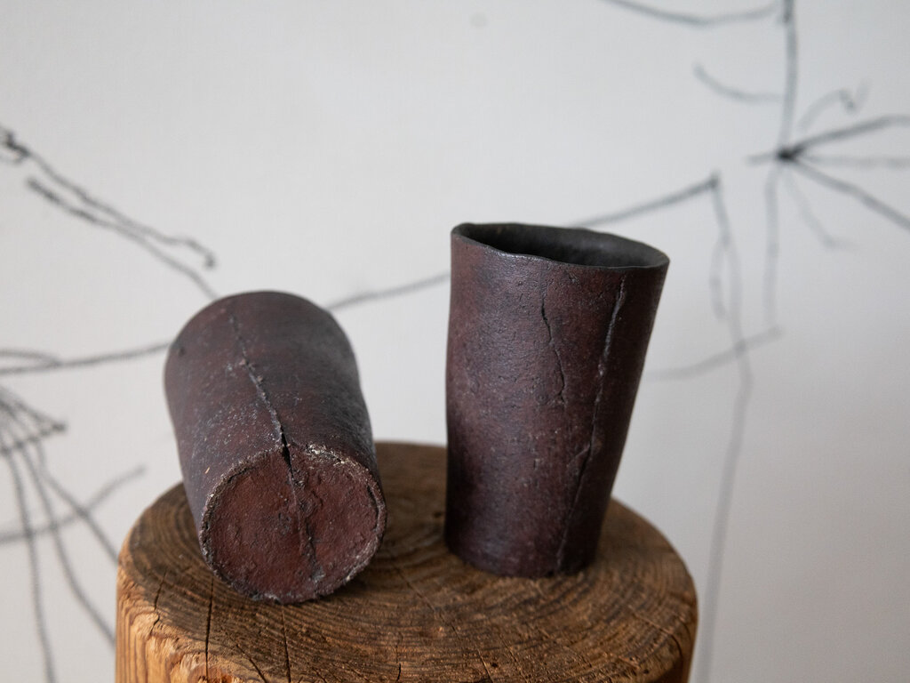 Jiro Yoshida Pair of tall ceramic cups, burnt red clay by Jiro Yoshida