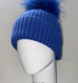 Linda Richards Blue Mohair Hat w/Fur Pom