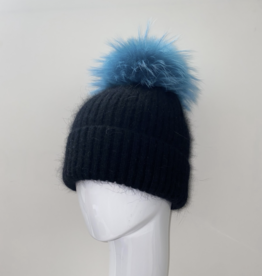 Black Mohair Hat w/Teal Fur Pom