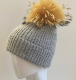 Linda Richards Grey Mohair Hat w/Yellow Fur Pom