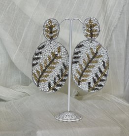 Branch Bead Oval White/Gold Earrings