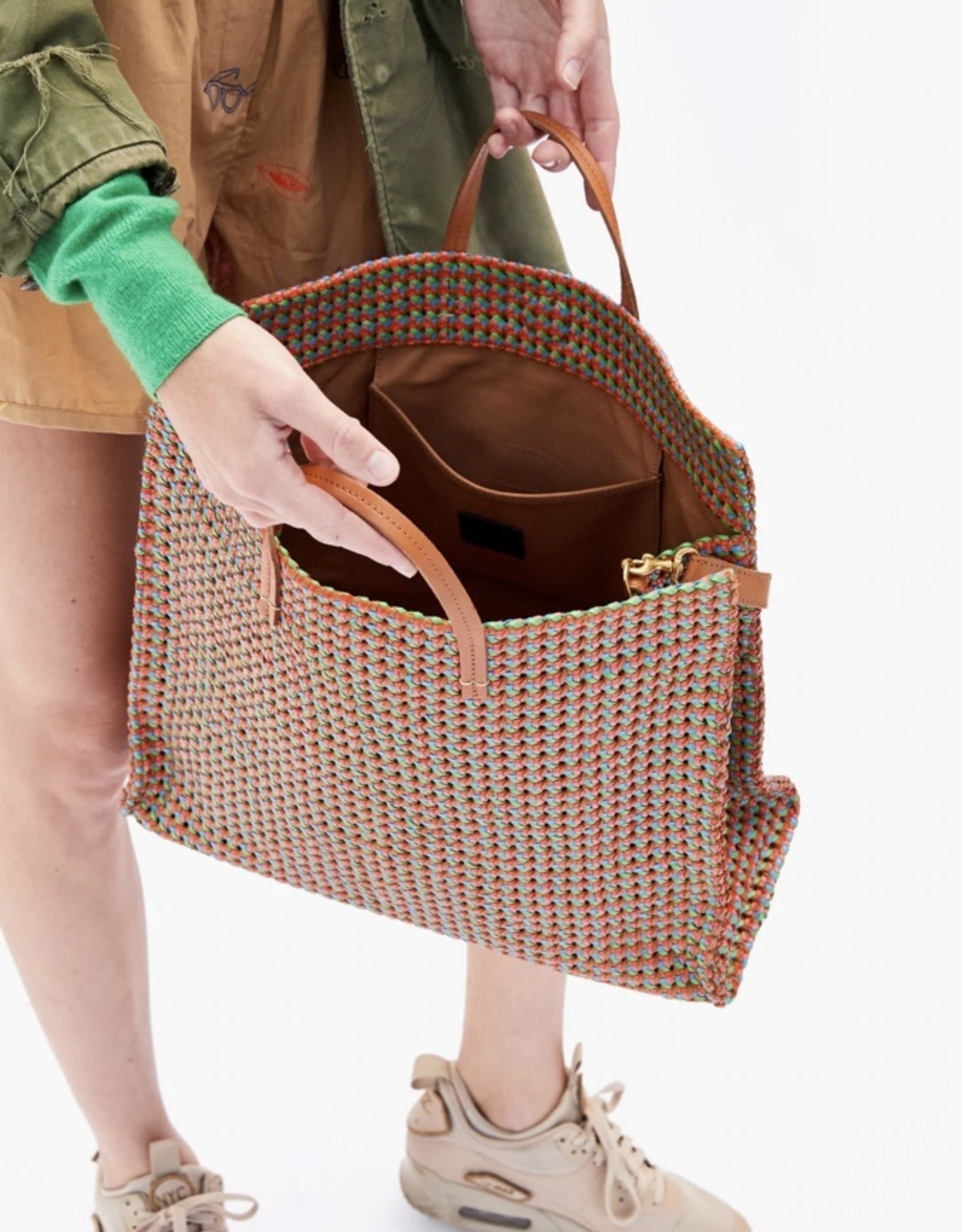 Bateau Tote Natural & Blood Orange w/Multi Oversize Woven Checker - Iris  Boutique