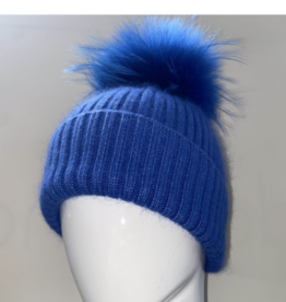 Linda Richards Blue Mohair Hat w/Fur Pom