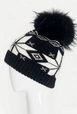 Knit Nordic Black & White Snowflake Hat w/Genuine Fur Pom