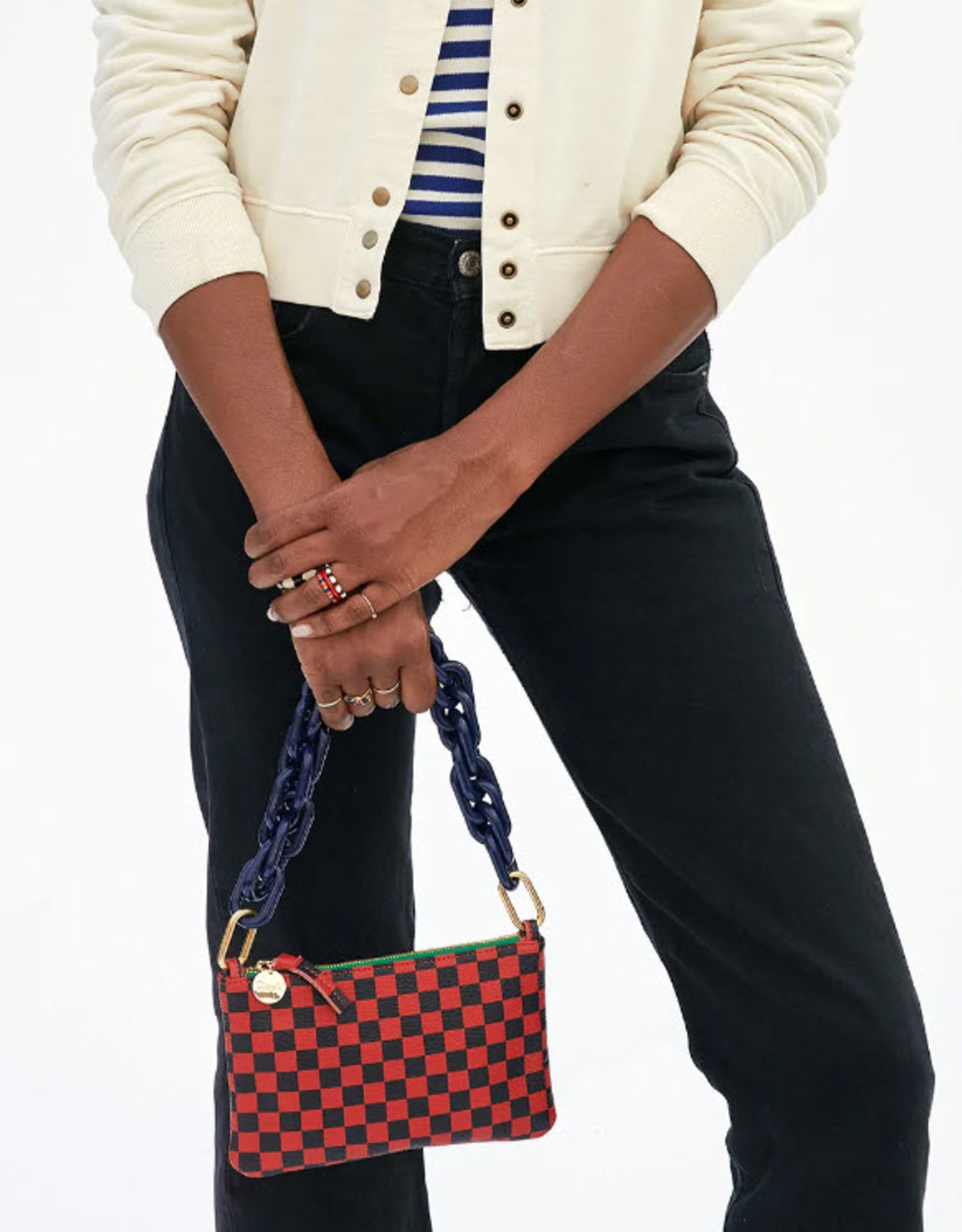 Clare V Cherry Red Chantal w/Navy Checkers Wallet Clutch w/Tabs