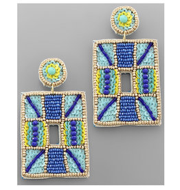 Turquoise Beaded Pattern Square Earrings