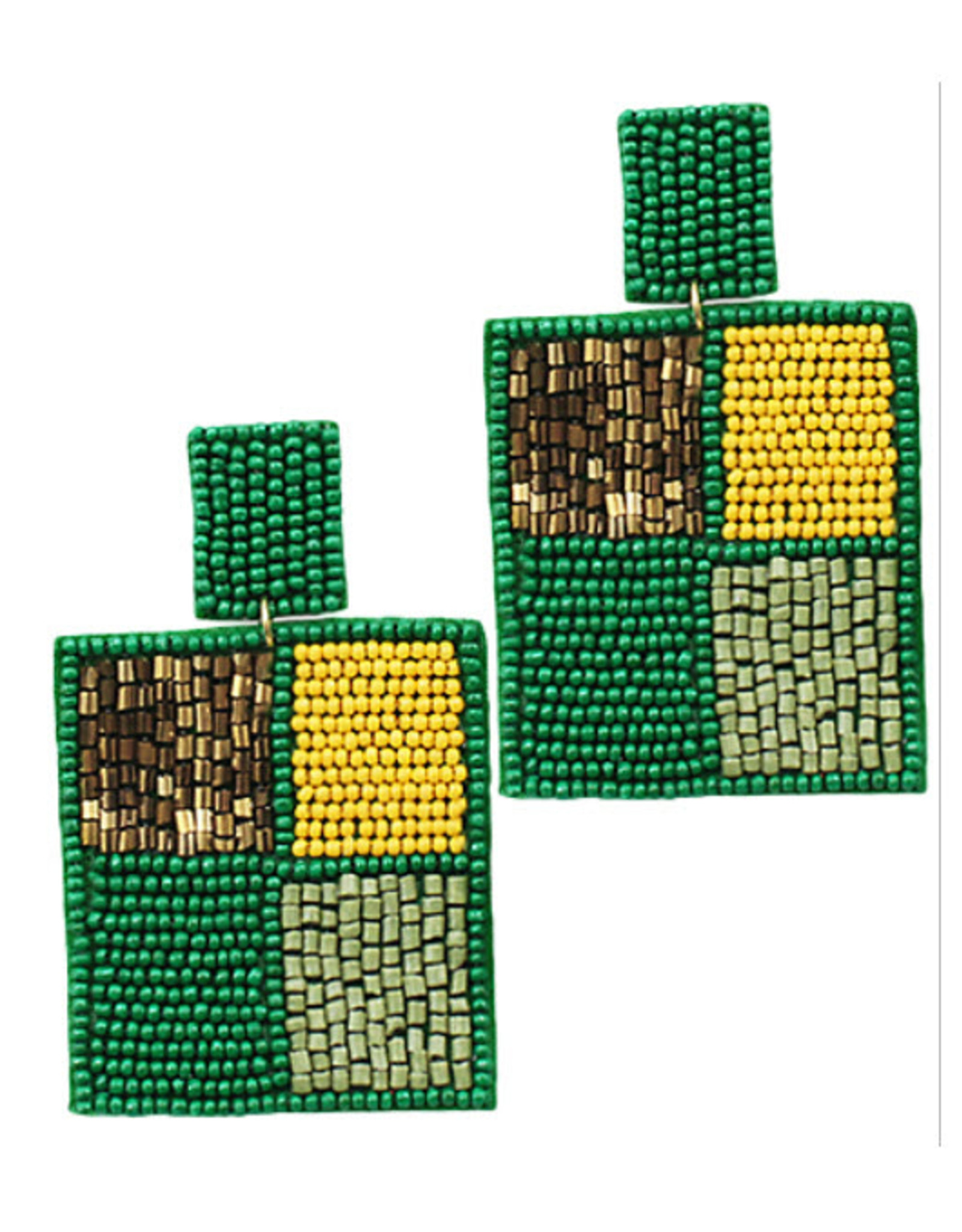 Green/Yellow/Gold Beaded Square Earrings