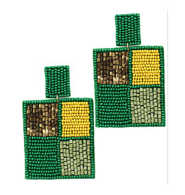 Green/Yellow/Gold Beaded Square Earrings