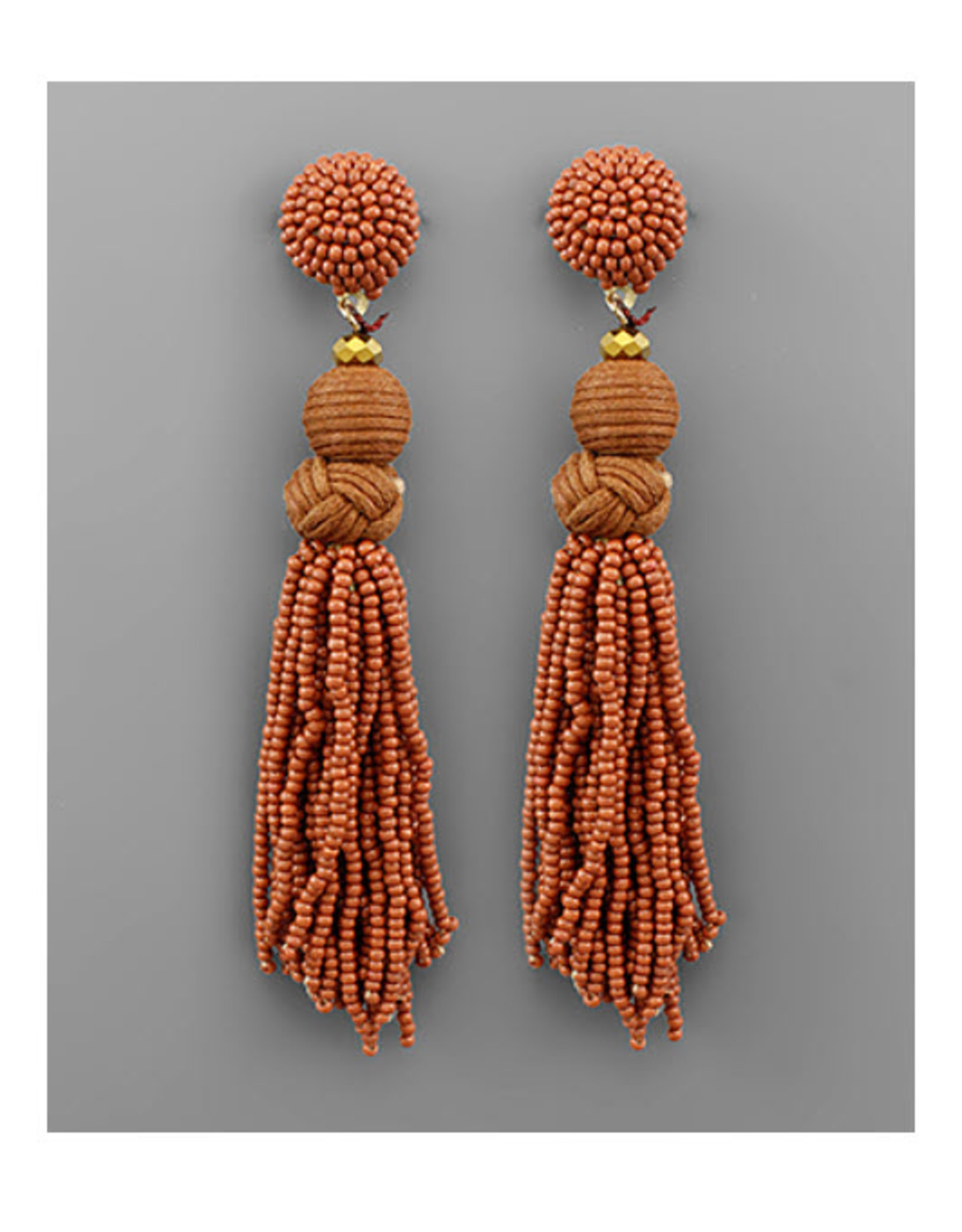 Brown Ball & Bead Tassel Earrings