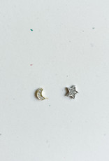 Silver Star & Gold Moon Mixed CZ Stud Earrings