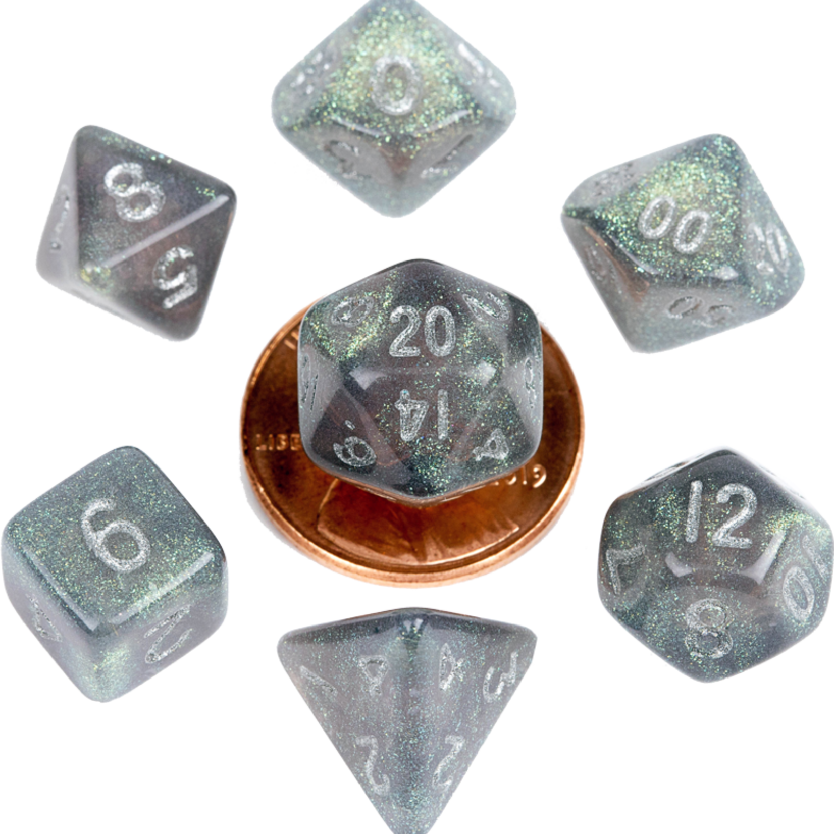 Metallic Dice Games MDG Acrylic 10mm Mini 7-Die Set Stardust Gray with Silver Numbers