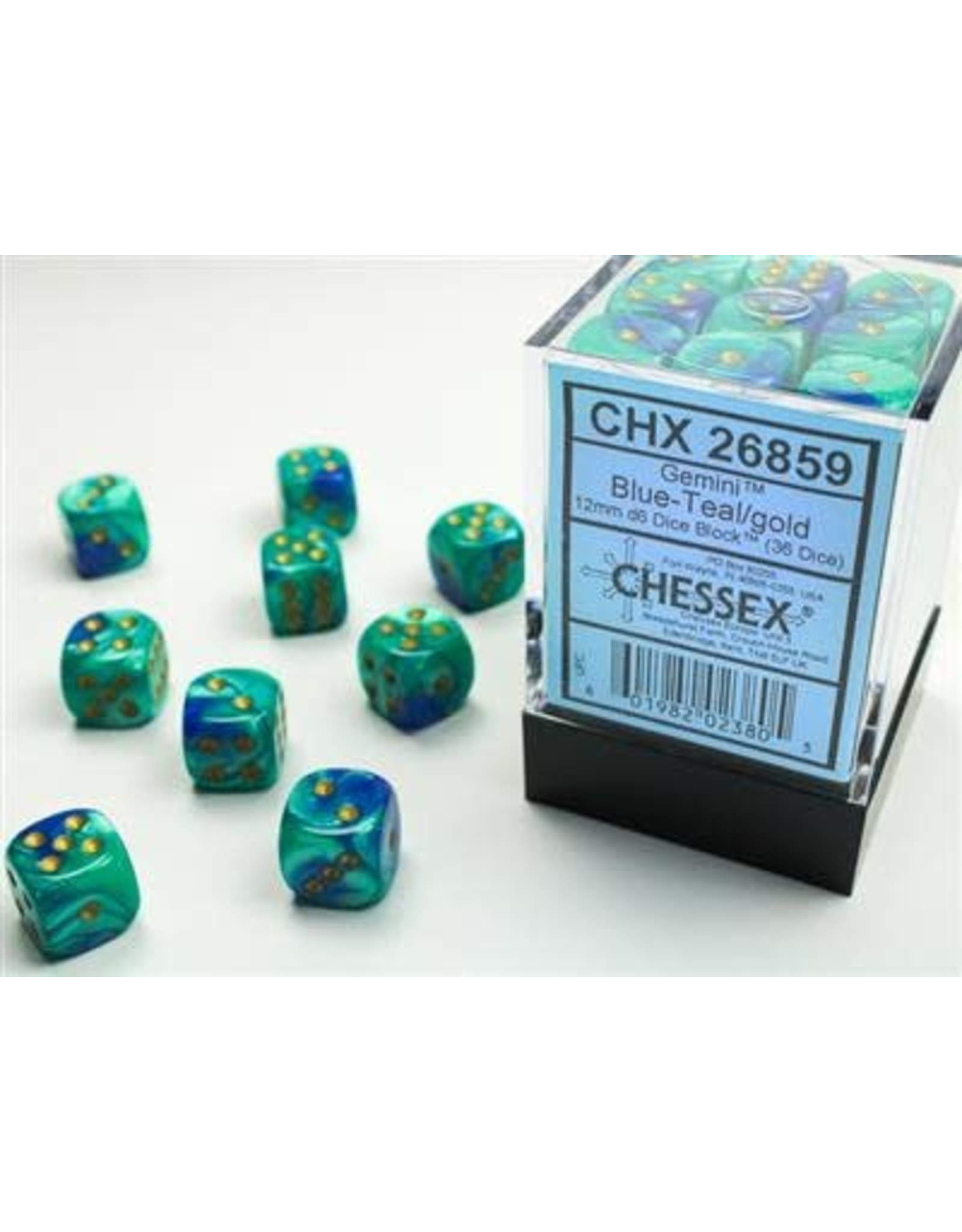 Chessex Gemini 12mm d6 Blue-Teal/gold Dice Block (36 dice)