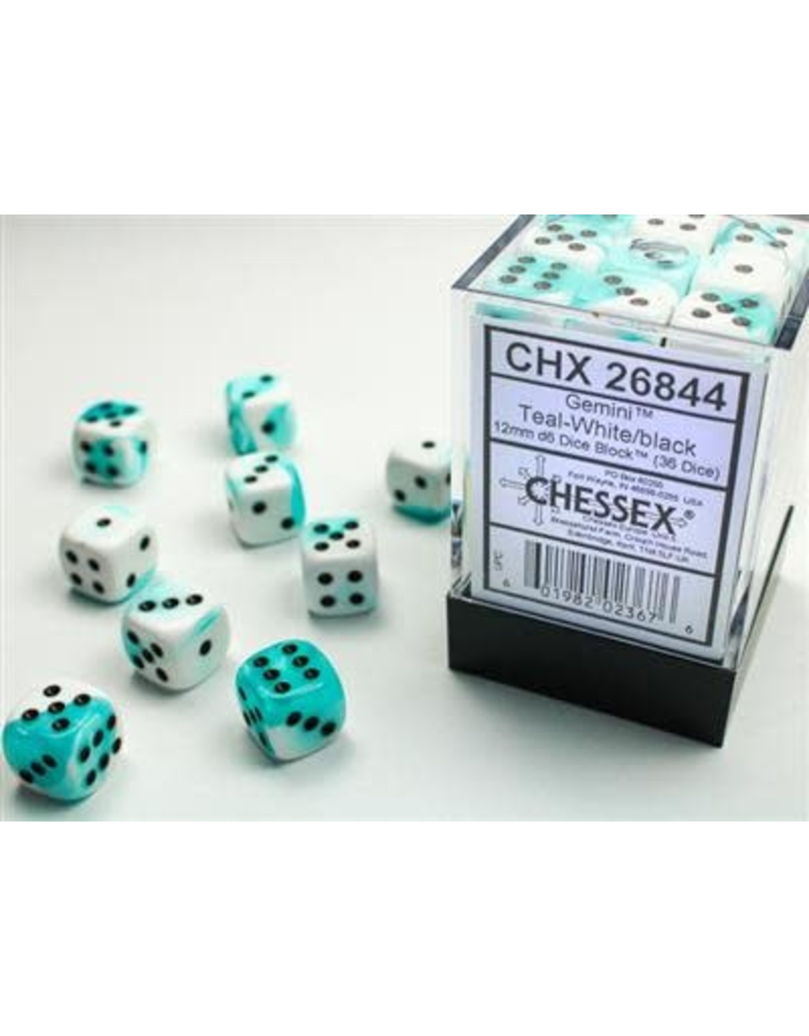 Chessex Gemini 12mm d6 Teal-White/black Dice Block (36 dice)