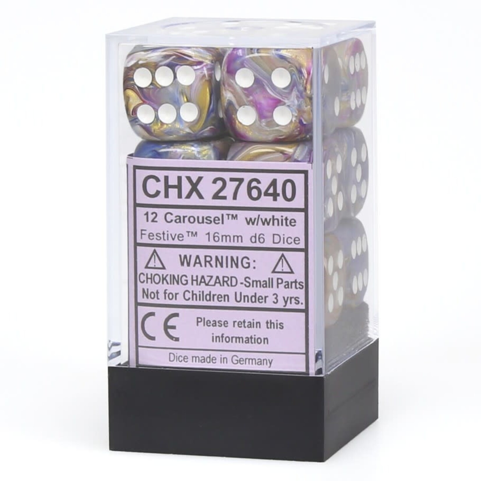 Chessex Festive 16mm d6 Carousel/ white Dice Block (12 Dice Set)