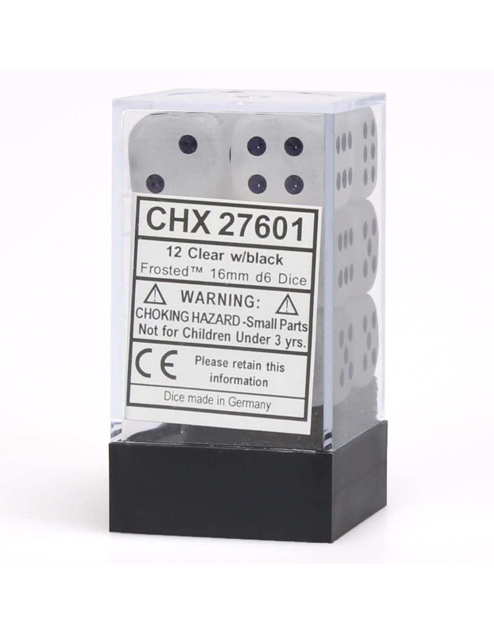 Chessex Frosted 16mm d6 Clear/black Dice Block (12 Dice Set)