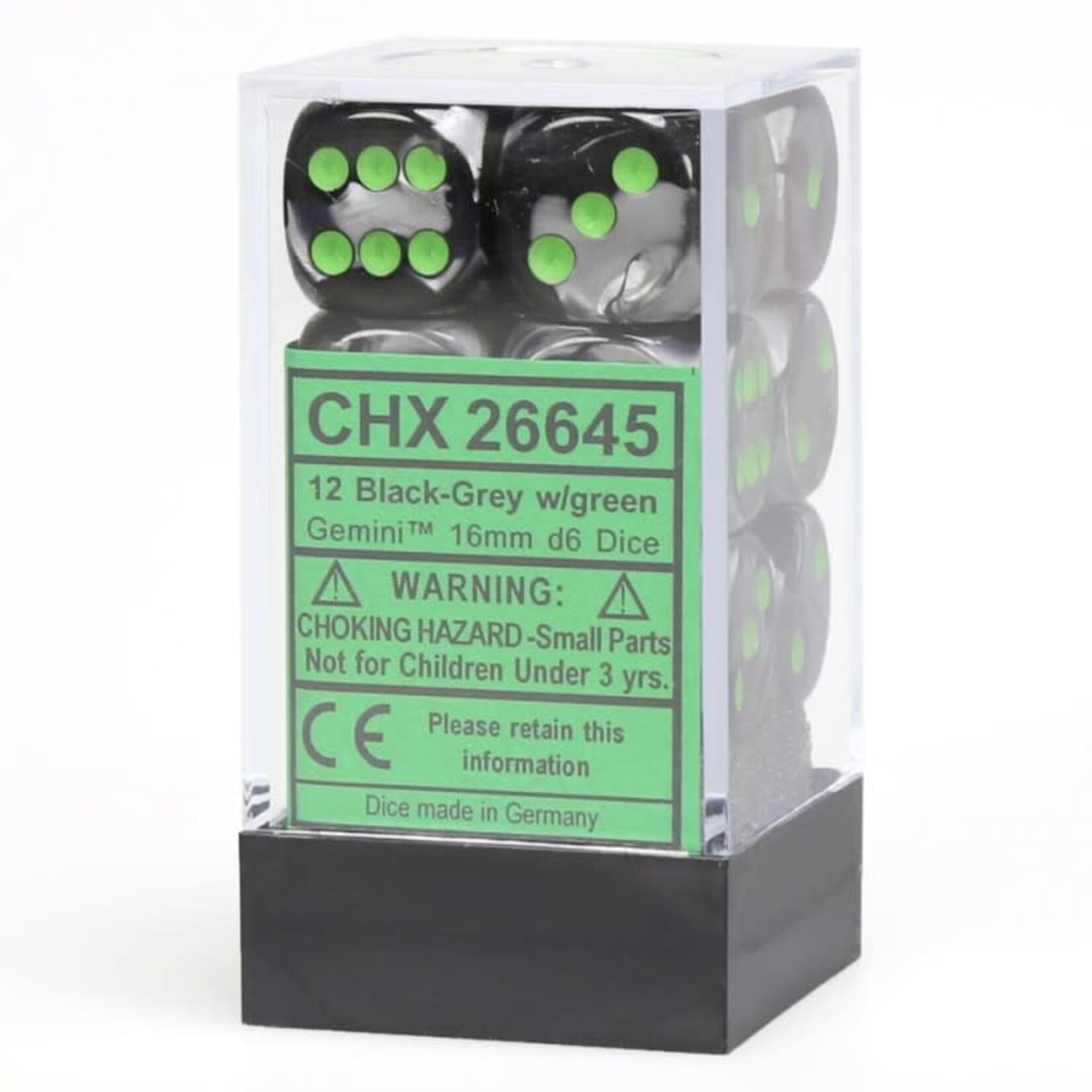 Chessex Gemini 16mm d6 Black - Grey/green Dice Block (12 Dice Set)