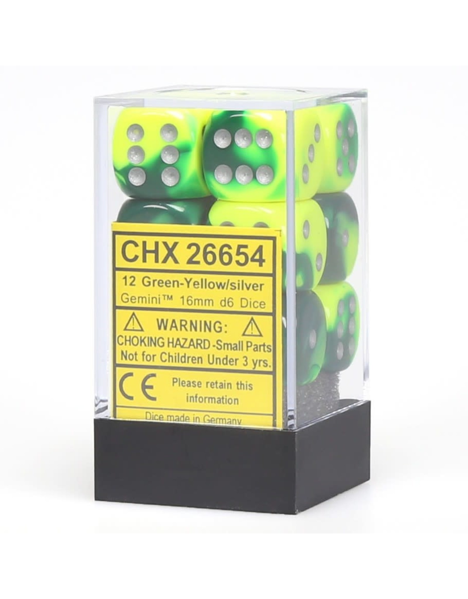 Chessex Gemini 16mm d6 Black - Yellow/silver Dice Block (12 Dice Set)