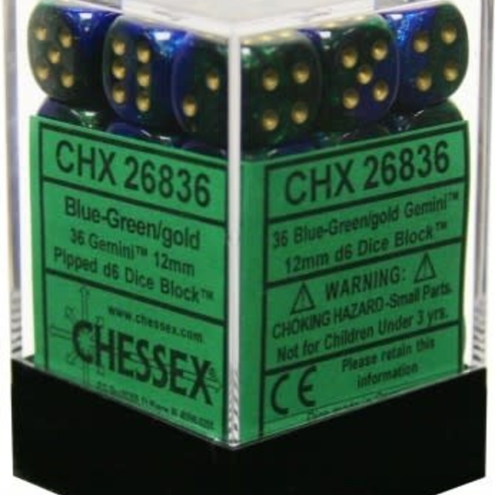 Chessex Gemini 3: 12mm D6 Blue-Green Gold/Black (36)