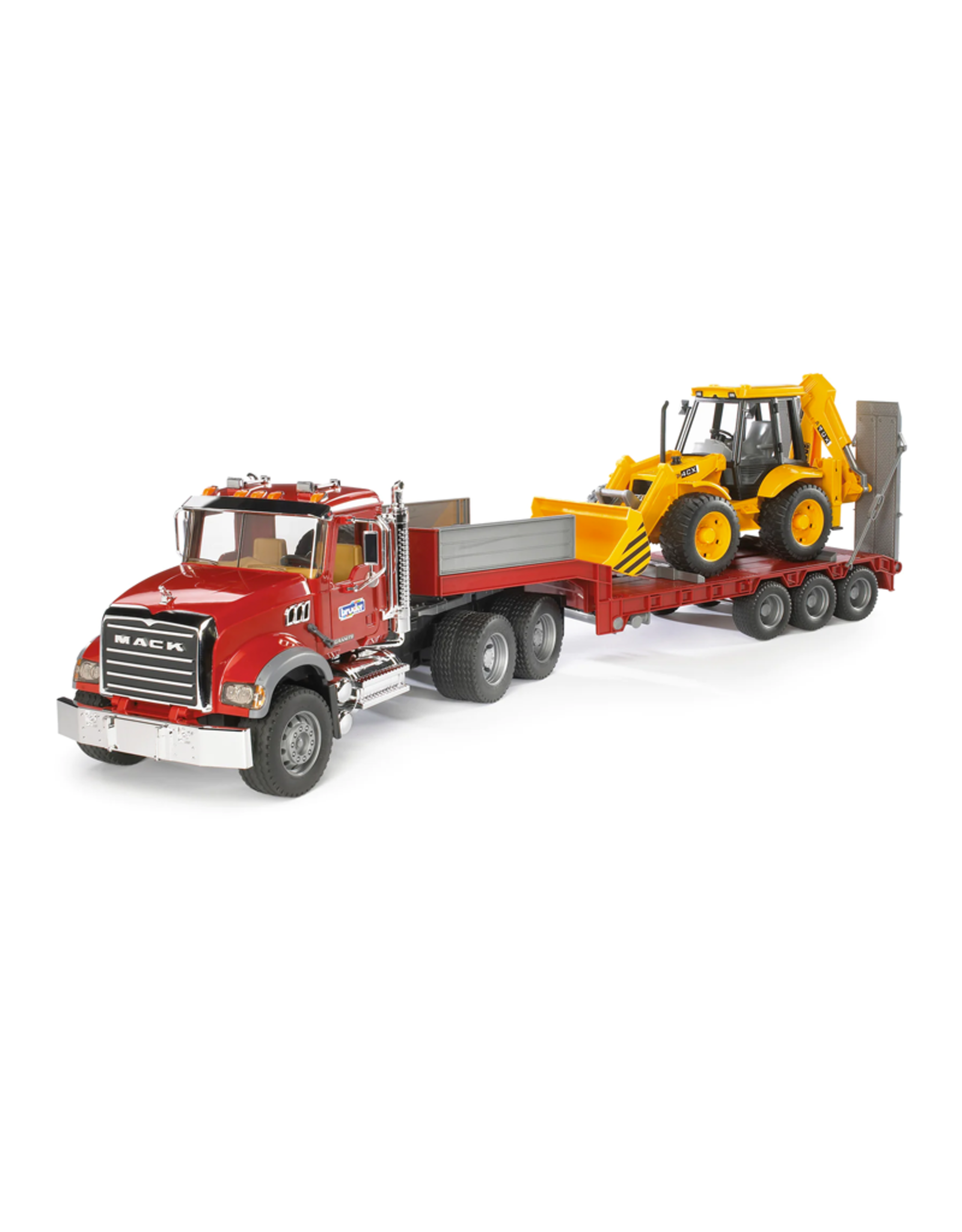 Bruder MACK Granite Flatbed Truck with JCB Loader backhoe