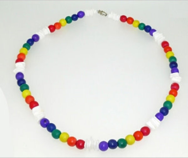 RAINBOW WHITE PUKA SHELLS WITH RAINBOW WOOD BEADS NECKLACE