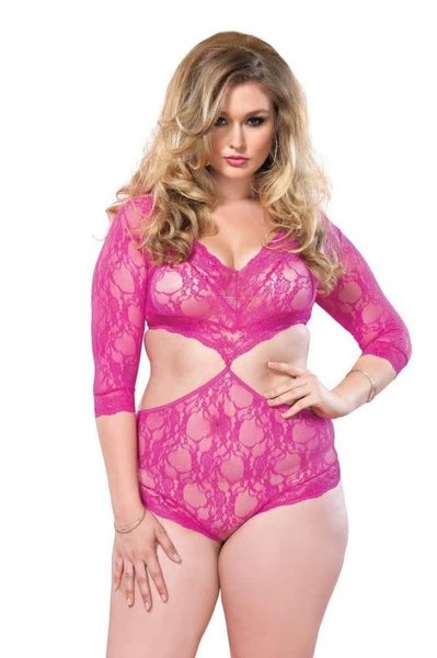 LEG AVENUE FLORAL LACE DEEP V CUT OUT TEDDY PLUS SIZE