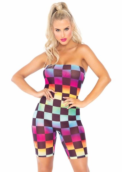 LEG AVENUE RAINBOW CHECKERBOARD STRAPLESS ROMPER